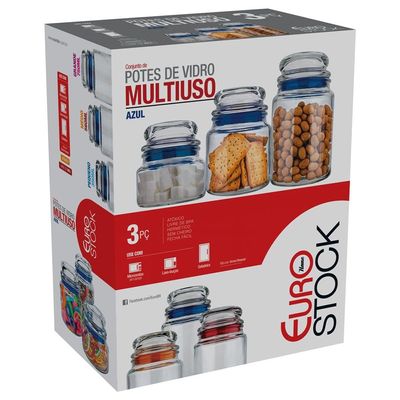 Conjunto de Potes Multiuso Euro Home Transparente/Azul em Vidro e PVC  3 Peças