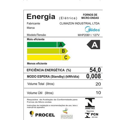 Micro-ondas Midea MHP20B MasterCook 20L 1050W Painel Touch Branco Branco / 110