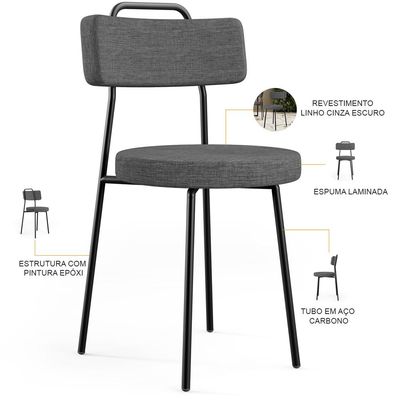 Cadeira Decorativa Estofada Para Sala De Jantar Barcelona L02 Linho Cinza Escuro - Lyam Decor