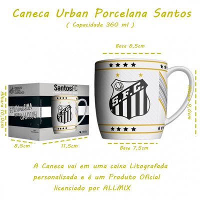 Caneca Urban Porcelana Allmix Brasao Santos 360 ML Licenciada Branco