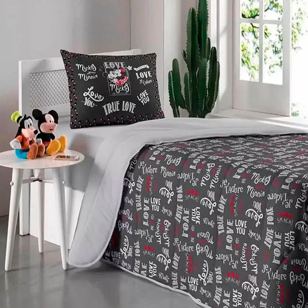 Edredom Portallar Solteiro Malha Mista 70% Algodão e 30% Poliéster Disney Mickey Jadore 1,50mx220m Cinza