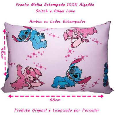 Fronha Avulsa KazzaVip Malha 100% Algodão Disney Estampada Stitch e Angel Love 48cmx68cm Rosa