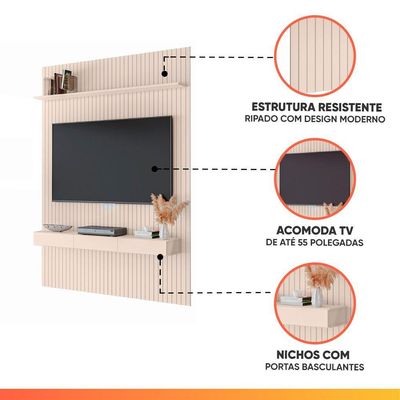 Painel Para Tv Até 55 Polegadas 1,35x2,40m Ripado Com Nicho Arbo Off White Edn