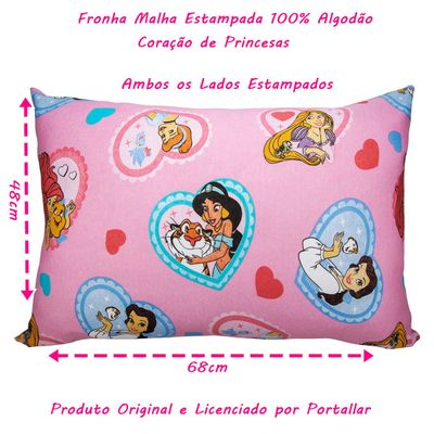 Fronha Avulsa KazzaVip Malha 100% Algodão Disney Estampada Coração de Princesas 48cmx68cm Rosa