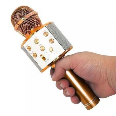 Microfone Karaokê Bluetooth Portátil Infantil Sem Fio Alto Falante Show Festa Youtuber Dourado