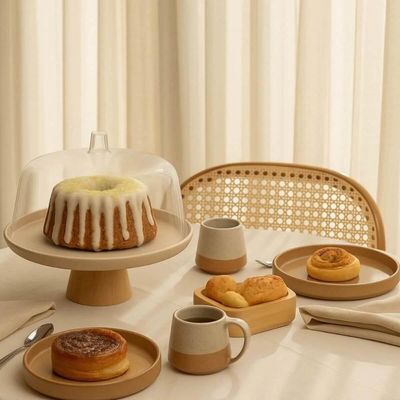 Conjunto Boleira com Cúpula e Pé Tábua Migalheira Porta Pão com Tampa Bege Plástico Bambu Ou