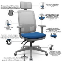 Cadeira De Escritório Giratória Presidente Back Fritz P03 Tela Cinza Crepe Azul - Lyam Decor