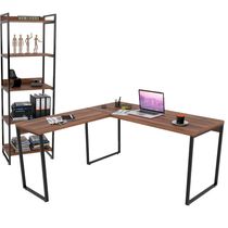 Kit Mesa De Escritório Industrial em L com Estante 5 Prateleiras Form C01 150x150 Nogal - Lyam Decor