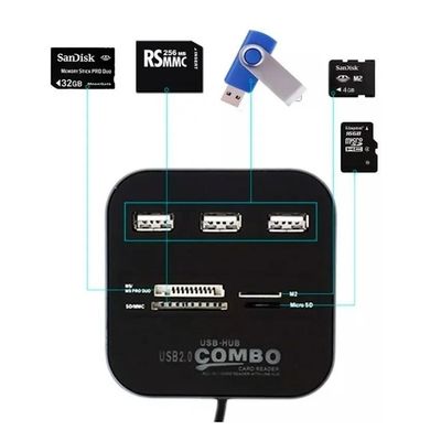 Hub 3 Portas Usb 2.0 - Leitor Cartão Micro Sd, M2, Ms Pro Duo Universal