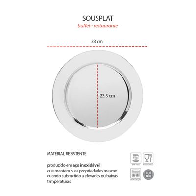Sousplat Redondo Aço Inox Mesa Posta Buffet Restaurante 33cm