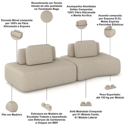 Sofá Ilha Modular Para Sala Living Orgânico 315cm Angra K01 Veludo Bege - Lyam Decor