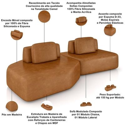 Sofá Ilha Modular Para Sala Living Orgânico 305cm Angra K01 Couríssimo Camel - Lyam Decor