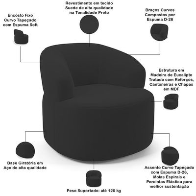 Poltrona Giratória Orgânica Para Sala De Estar Living Helena L02 Suede Preto - Lyam Decor