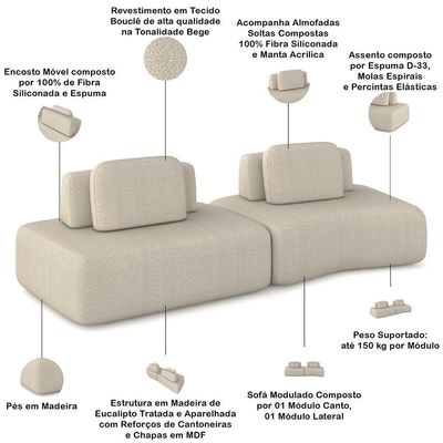 Sofá Ilha Modular Para Sala Living Orgânico 315cm Angra K01 Bouclê Bege - Lyam Decor