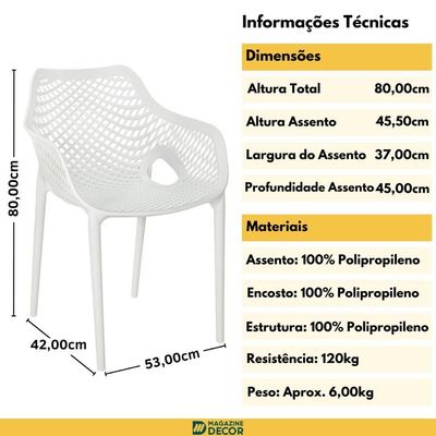 Kit 4 Cadeiras De Jantar Design Suits Com Braços Empilhável Em Polipropileno - Branco
