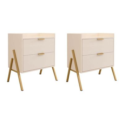 Kit 2 Mesas De Cabeceiras Retrô Com 2 Gavetas Asher 63cm - Off-white