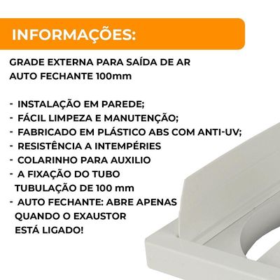 Grade Externa Para Saída De Ar Auto Fechante 100mm