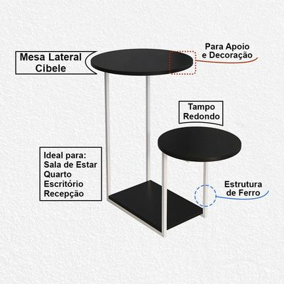 Mesa Auxiliar Cibele Ferro Branco Tampo Preto Redondo