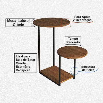 Mesal Lateral Cibele Tampo Redondo Ferro Preto Tampo Freijó