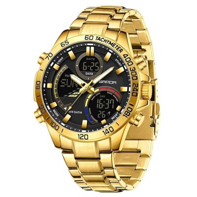 Relógio Militar Masculino De Luxo, Aço Inoxidável 6269 Sanda Dourado