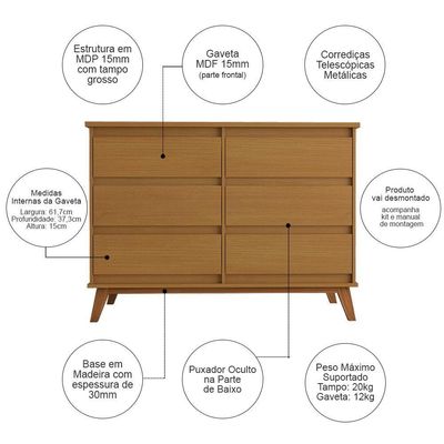 Cômoda Para Quarto Reforçada Londres 6 Gavetas - Nature