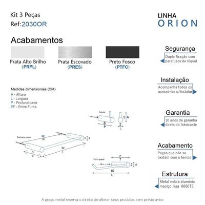 Kit Acessório Banheiro Alto Brilho 3 Peças Grego Metal 2030or