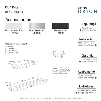 Kit Acessórios Para Banheiro Preto Fosco 4 Peças Grego Metal 2060or