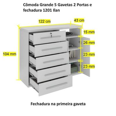 Cômoda Grande 5 Gavetas 2 Portas E Fechadura 1201 Ilan Castanho