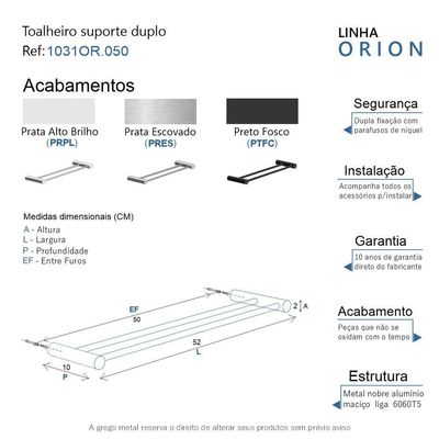 Porta Toalha Toalheiro Duplo Para Banheiro Preto Fosco Orion Grego Metal 50cm