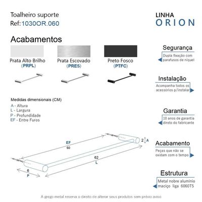 Porta Toalha Toalheiro De Rosto Para Banheiro Preto Fosco Orion 60cm
