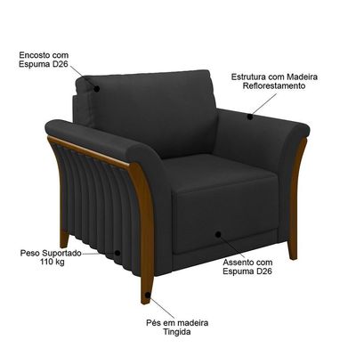 Poltrona Decorativa Sala De Estar 102cm Pés Madeira Roya M22 Pu Preto - Mpozenato