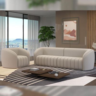 Conjunto Sala de Estar Sofá 332cm 4 Lugares e Poltrona Adam Veludo Bege G45 - Gran Belo