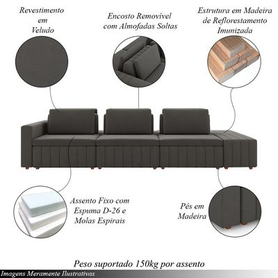 Sofá Ilha com Encosto e Almofadas Móveis Olimpo 335cm Modulado Veludo Grafite G45 - Gran Belo