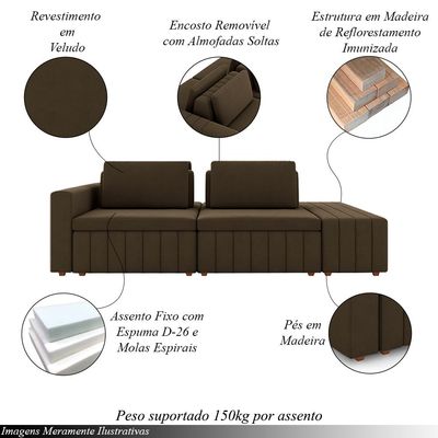 Sofá Ilha com Encosto e Almofadas Móveis Olimpo 265cm Modulado Veludo Marrom G45 - Gran Belo