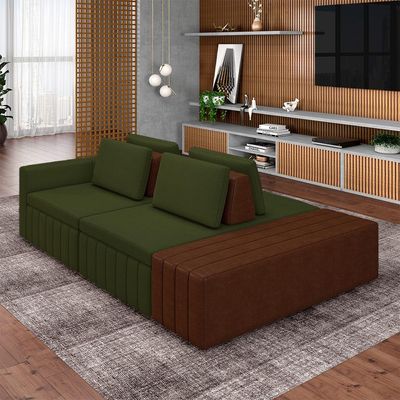 Sofá Ilha com Encosto e Almofadas Móveis Olimpo 265cm Modulado Linho/PU Terracota/Marrom G45 - Gran Belo