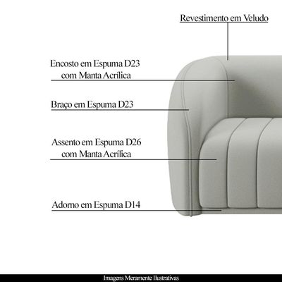 Sofá Decorativo Sala de Estar 252cm Adam 3 Lugares Veludo Cinza Claro G45 - Gran Belo