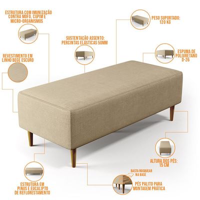 Puff Decorativo Sala de Estar Bali W01 Pés Palito 120x50 cm Linho Bege Escuro - Lyam Decor