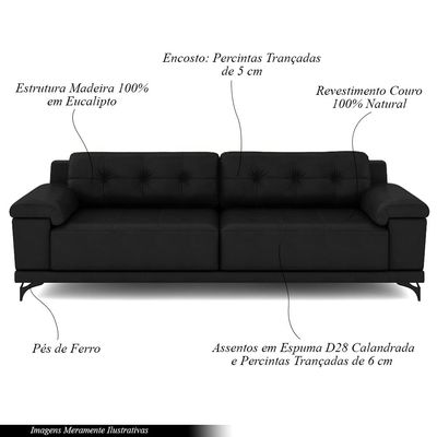 Sofá Living 4 lugares 272cm Agostino Pés Design em Ferro Couro Preto G52 - Gran Belo