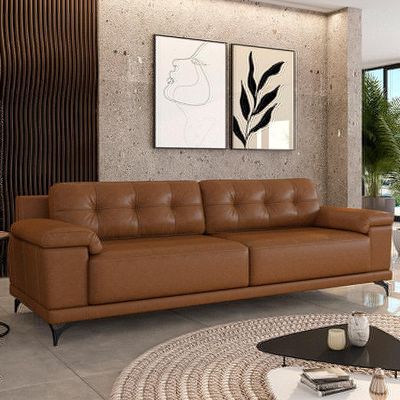 Sofá Living 4 lugares 292cm Agostino Pés Design em Ferro Couro Caramelo Manchado G52 - Gran Belo