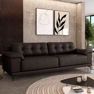 Sofá Living 4 lugares 292cm Agostino Pés Design em Ferro Couro Marrom G52 - Gran Belo