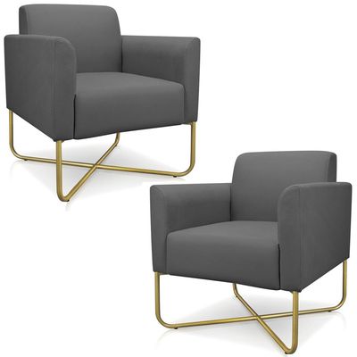 Kit 2 Poltronas Decorativas Isabella Base X Suede Grafite/Dourado - Gran Belo