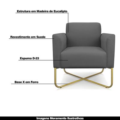 Kit 2 Poltronas Decorativas Isabella Base X Suede Grafite/Dourado - Gran Belo