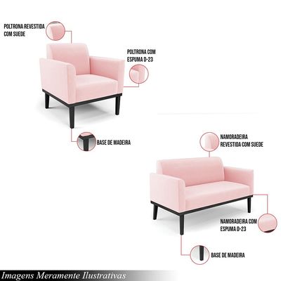 Conjunto Poltrona e Namoradeira Decorativa Isabella Pés Fixo em Madeira Preto Suede Rosa Bebê G19 - Gran Belo