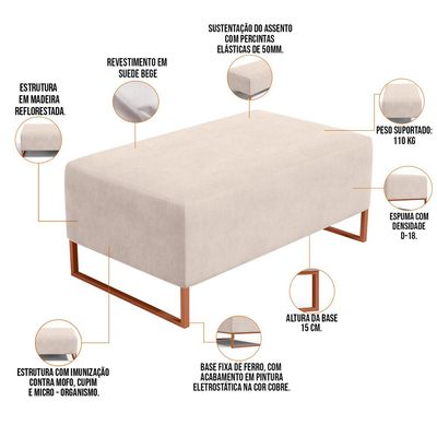 Kit 02 Puffs Decorativo Sala De Estar Cléo 90cm W01 Base Ferro Cobre Suede Bege - Lyam Decor