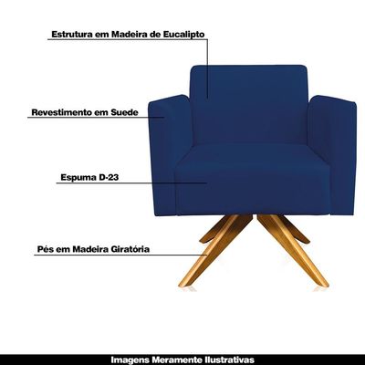 Poltrona Decorativa Isabella Base Giratória Madeira Suede Azul Marinho - Gran Belo