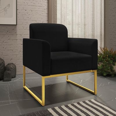 Poltrona Decorativa Isabella Base Industrial Suede Preto/Dourado - Gran Belo