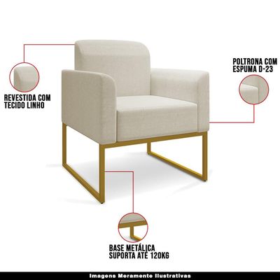 Poltrona Decorativa Isabella Base Industrial Linho Bege/Dourado - Gran Belo