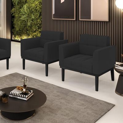 Kit 2 Poltronas Decorativas Karen Pés Fixo em Madeira Preto Veludo Preto G19 - Gran Belo
