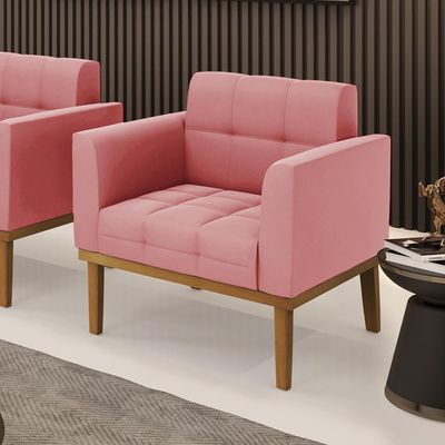 Poltrona Decorativa Karen Pés Fixo em Madeira Castanho Suede Rose G19 - Gran Belo