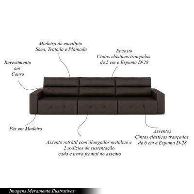 Sofá Retrátil 5 Lugares 374cm 3 Módulos Nero Couro Marrom G52 - Gran Belo